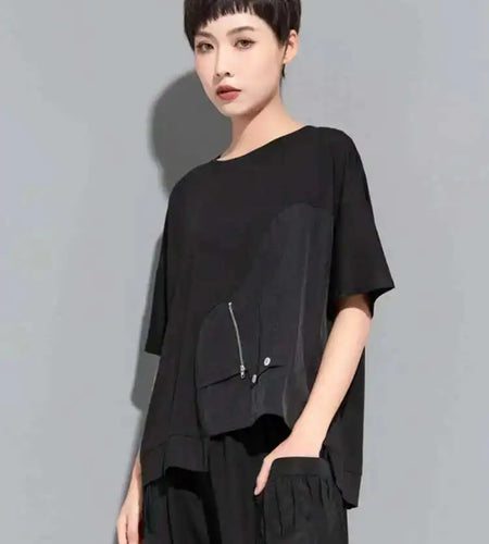 Women Black Irregular Casual Big Size T-shirt New Round Neck Short Sleeve Fashion Tide Spring Summer 2025  1DE8728