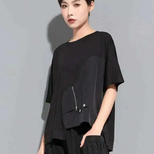 Load image into Gallery viewer, Women Black Irregular Casual Big Size T-shirt New Round Neck Short Sleeve Fashion Tide Spring Summer 2025  1DE8728
