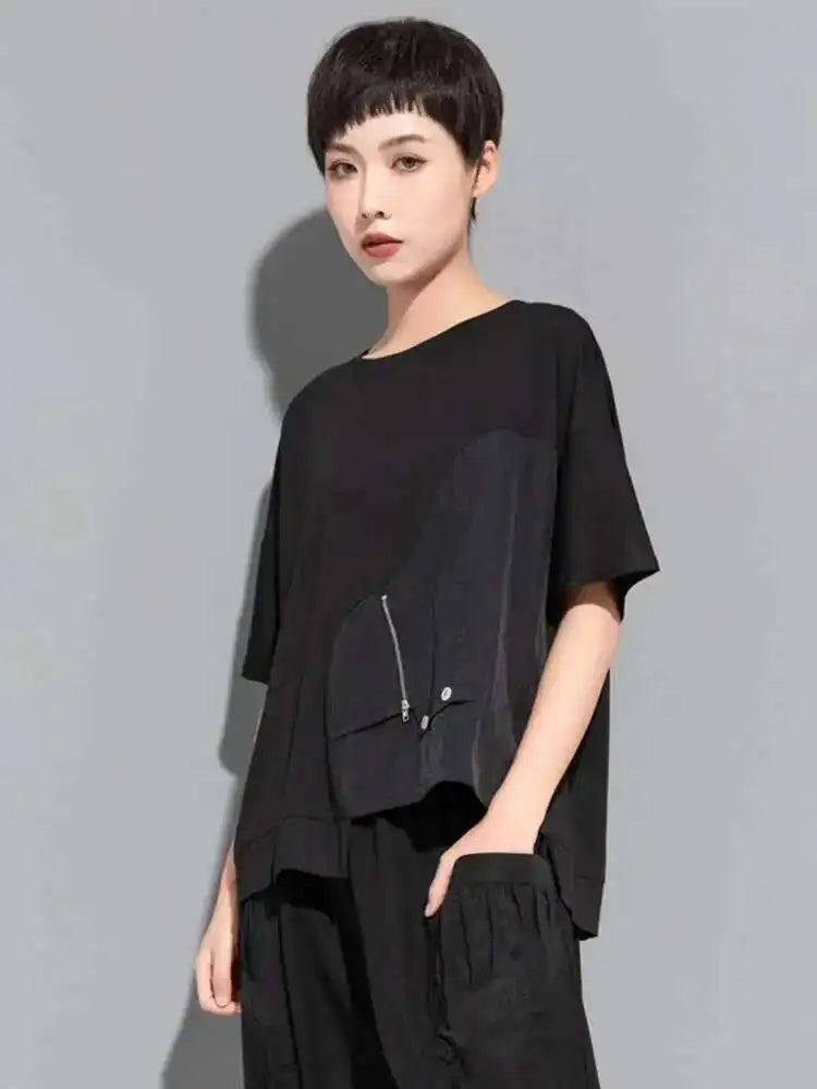 Women Black Irregular Casual Big Size T-shirt New Round Neck Short Sleeve Fashion Tide Spring Summer 2025  1DE8728