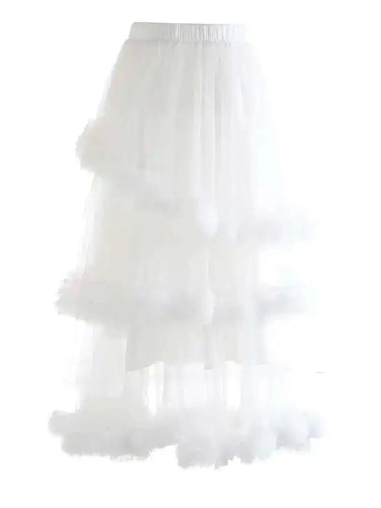 High Elastic Waist Yellow Mesh Ruffles Irregular A-line Half-body Skirt Women Fashion Tide New Spring Autumn 2025 1DH9405