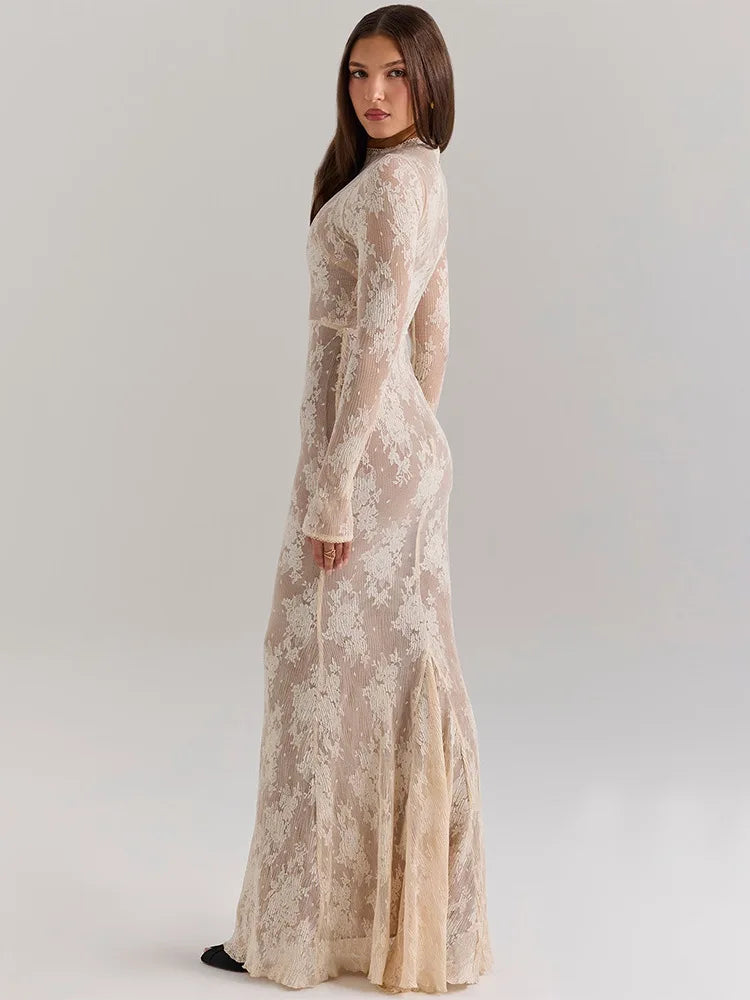 Elegant Lace New Long Sleeve Round Neck Dress Women Sexy Bodycon Tight Vestidos Autumn/Winter Party Club Evening Dress