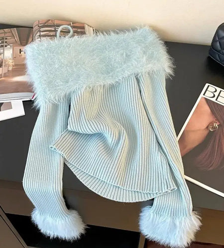 Autumn Winter Beige Blue Elegant Plush Neck Off Shoulder Short Knitted Sweater Korean Women's Brown Long Sleeved Pullover Tops