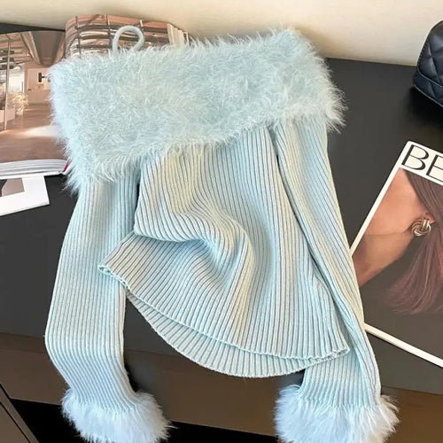 Load image into Gallery viewer, Autumn Winter Beige Blue Elegant Plush Neck Off Shoulder Short Knitted Sweater Korean Women's Brown Long Sleeved Pullover Tops
