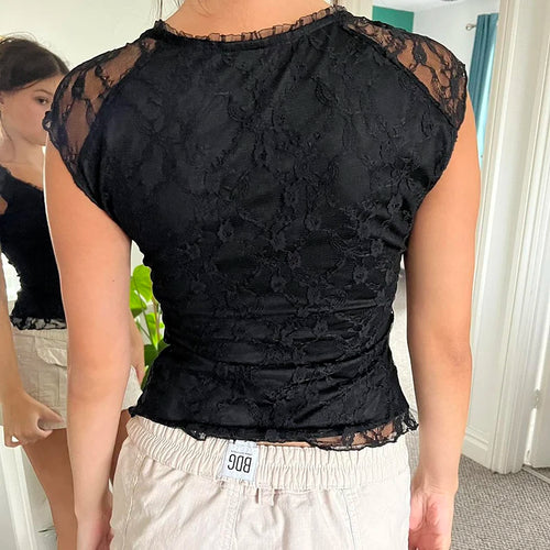 Load image into Gallery viewer, Vintage Black Frills Summer Lace T shirt Female Bow Tie-Up Slim Y2K Aesthetic 2000s Top Tee Chic Party Sexy Outfits
