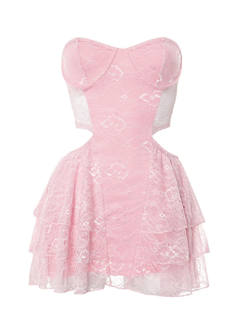 Lace Hollow Out Sexy Mini Dress Women Summer New Off-shoulder Strapless Sleeveless Backless A-line Club Party Dress