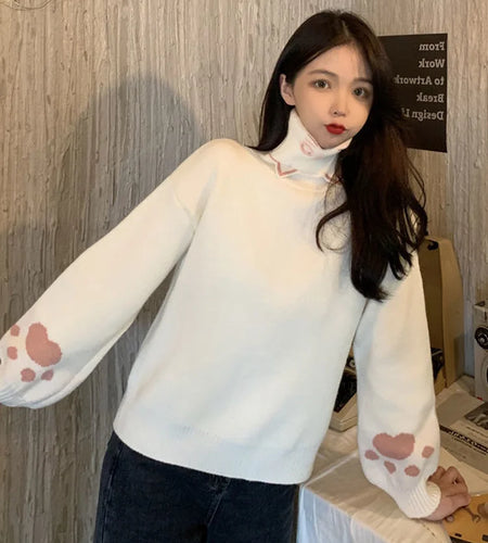 Kawaii Knitted Sweaters Turtleneck Cat Pullover Women Japanese Sweet Cartoon Jumpers Knitwear Autumn Winter Pullovers