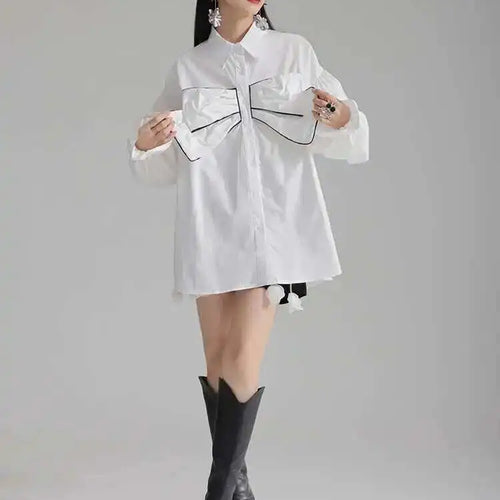 Load image into Gallery viewer, Women White Big Size Bow Elegant Long Blouse New Lapel Long Flare Sleeve Shirt Fashion Tide Spring Autumn 2025 1DH4000

