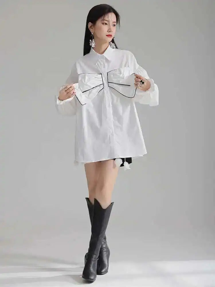 Women White Big Size Bow Elegant Long Blouse New Lapel Long Flare Sleeve Shirt Fashion Tide Spring Autumn 2025 1DH4000