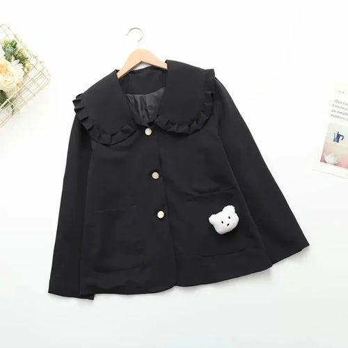 Load image into Gallery viewer, Black Solid Women Jacket For  Cartoon Appliques Winter Single Breasted Long Sleeve Ruffled Neck Casual Outwears Coat
