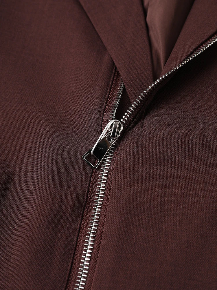 Women Wine Red Zipper Big Size Elegant Blazer New Lapel Long Sleeve Jacket Fashion Tide Spring Autumn 2025 7AB8207