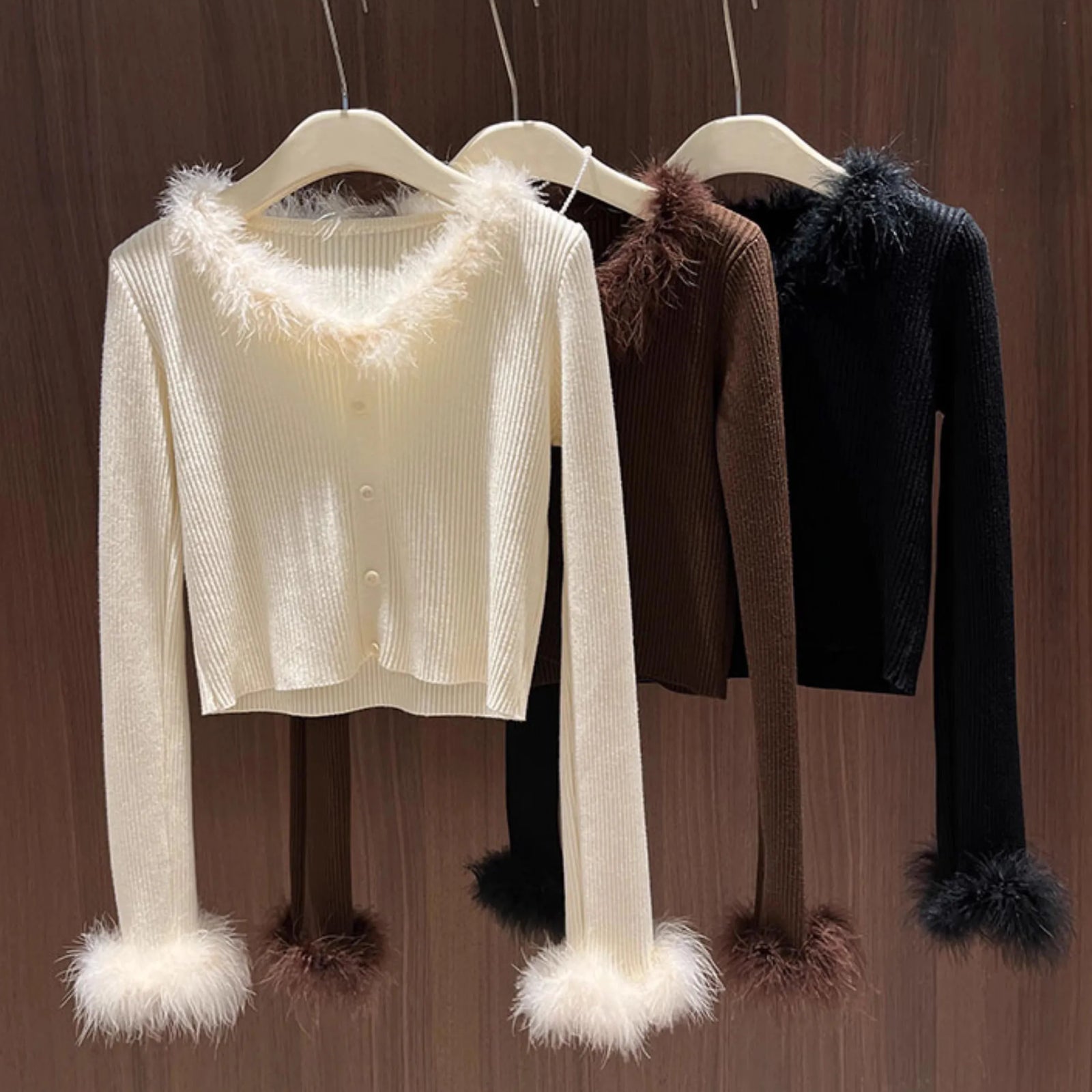 Fur Patchwork V-neck Long Sleeve Short Knitwear Tops 2023 Autumn Winter New Bottoming Women Pullover Knitted Sweaters C-278