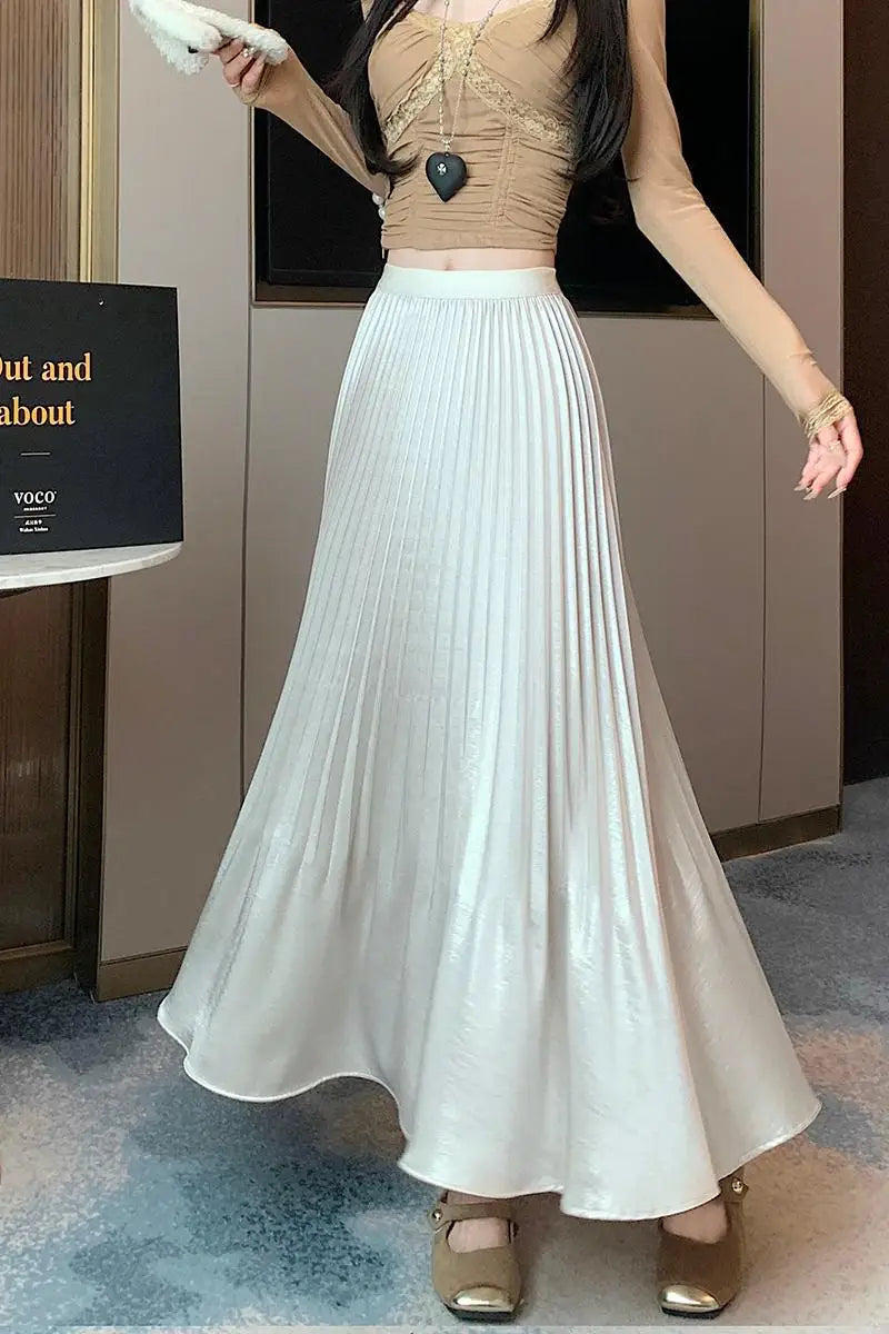 Spring Summer French Fashion Black Beige Elegant Sexy Pleated Long Skirt Women Grey High Waist Festival Slim Skirts 2025 Popular