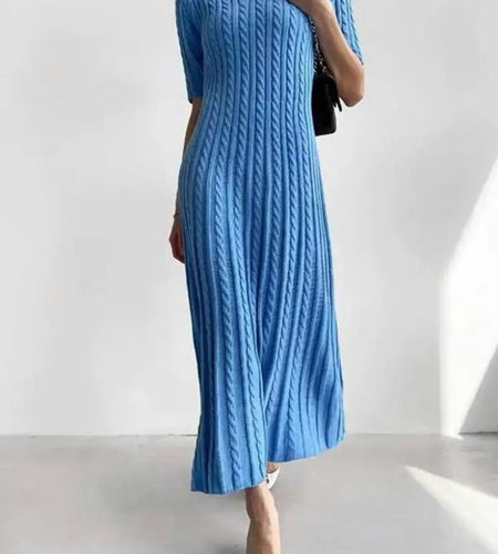 Summer Blue Pink Short Sleeve Twists Knitted Dress For Women White V Neck Slim Holiday Long Dress 2025 Simplicity Fashion Casual