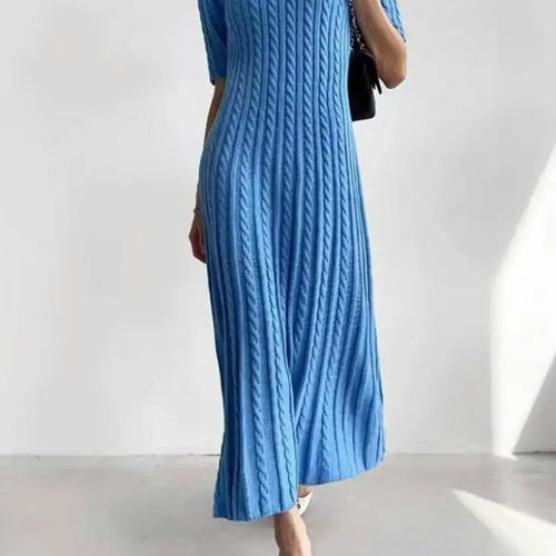 Load image into Gallery viewer, Summer Blue Pink Short Sleeve Twists Knitted Dress For Women White V Neck Slim Holiday Long Dress 2025 Simplicity Fashion Casual
