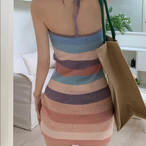 Load image into Gallery viewer, Striped Halter Tight Hip Slim Women&#39;s Dresses High Street Square Neck Backless Lace-up Summer Fashion Sexy Female Dress
