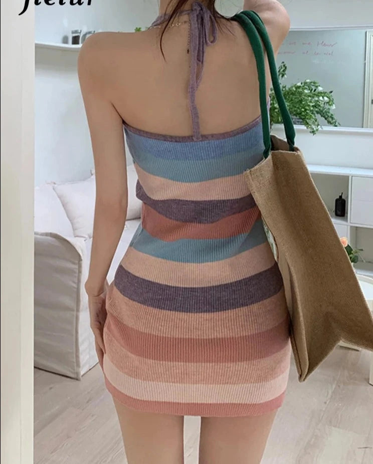 Striped Halter Tight Hip Slim Women's Dresses High Street Square Neck Backless Lace-up Summer Fashion Sexy Female Dress