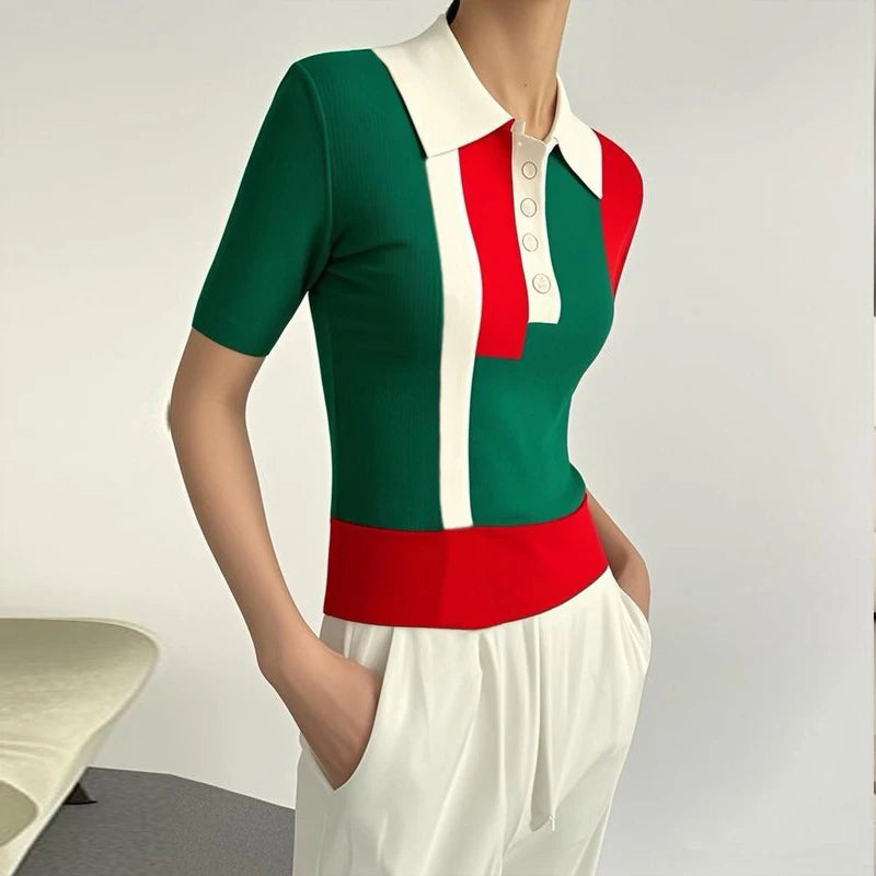 Knit Sweater Tops for Women 2025 Casual Contrast Color Buttoned Skinny Short Sleeves Polo Tee Shirts Woman Clothes