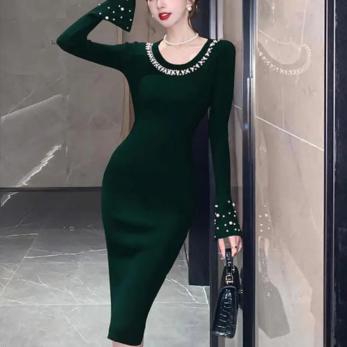 Load image into Gallery viewer, Korean Solid Pearl Simple Round Neck Long Sleeved Knitting Dress Women Elegant Long Sleeve Office Dress Autumn Winter 2024 Trend
