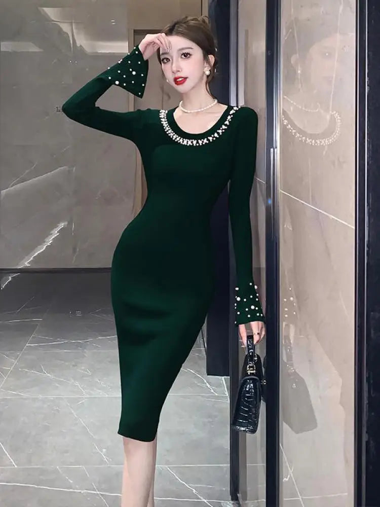 Korean Solid Pearl Simple Round Neck Long Sleeved Knitting Dress Women Elegant Long Sleeve Office Dress Autumn Winter 2024 Trend