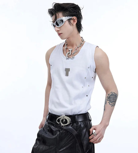 High Street Men's Vest Metal Pleated Design Round Neck Sleeveless Casual Male Tank Tops Stylish Summer 9C6750