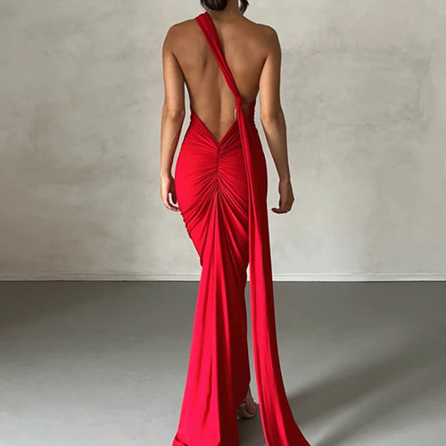 Load image into Gallery viewer, Oblique Shoulder Backless Maxi Dress For Women Gown Summer Back Strap Sleeveless Ruched Party Sexy Long Dress Vestidos
