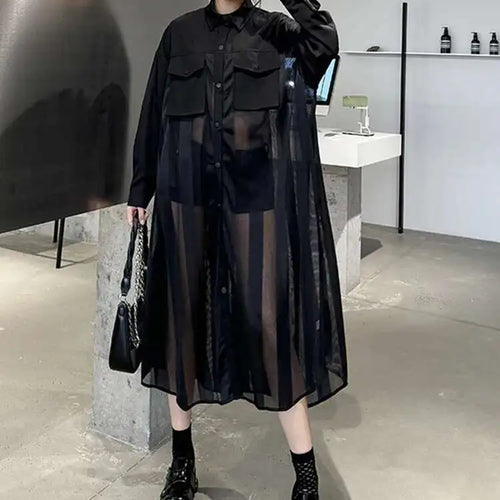 Load image into Gallery viewer, Women Army Green Mesh Color-block Big Size Long Shirt Dress New Lapel Long Sleeve Fashion Tide Spring Autumn 2025 1DH6066
