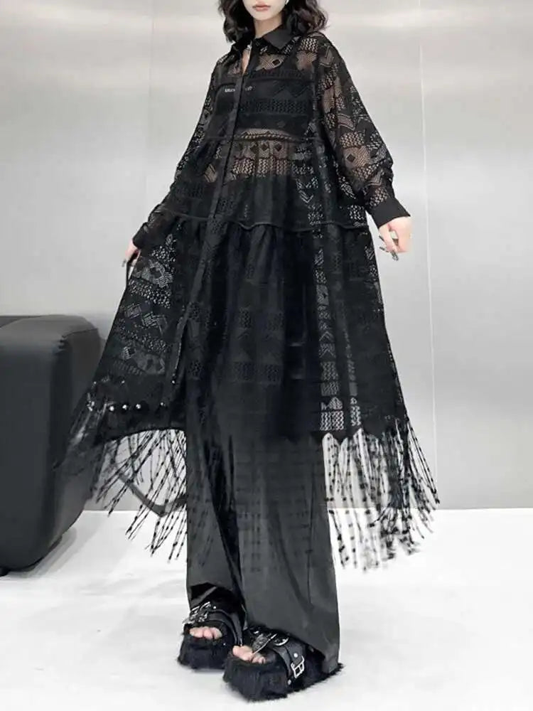 Women Black Lace Jacquard Perspective Big Size Shirt Dress New Lapel Long Sleeve Fashion Tide Spring Autumn 2025 1DH894201