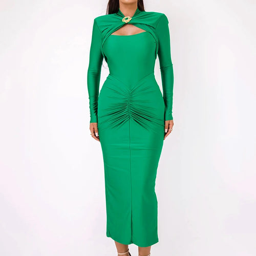 Load image into Gallery viewer, Hollow Out Long Sleeve Sexy Maxi Dress For Women Gown Autumn Winter New Metal Buckle Ruched Slit Long Dress Elegant
