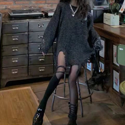 Load image into Gallery viewer, 2025 Harajuku Vintage Grunge All Match Sweaters Women Y2k Aesthetic Oversized Hole Jumpers Streetwear Casual Gothic Pullover
