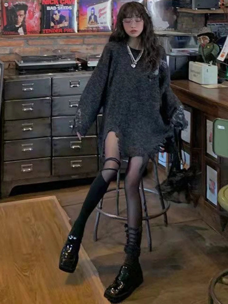 2025 Harajuku Vintage Grunge All Match Sweaters Women Y2k Aesthetic Oversized Hole Jumpers Streetwear Casual Gothic Pullover