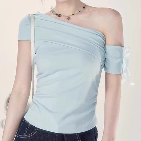 Women Vintage Skew Collar Cropped Tees Y2k Aesthetic Summer Bodycon Pleated T Shirts 2025 Harajuku Fairy Solid Bow Grunge Tops