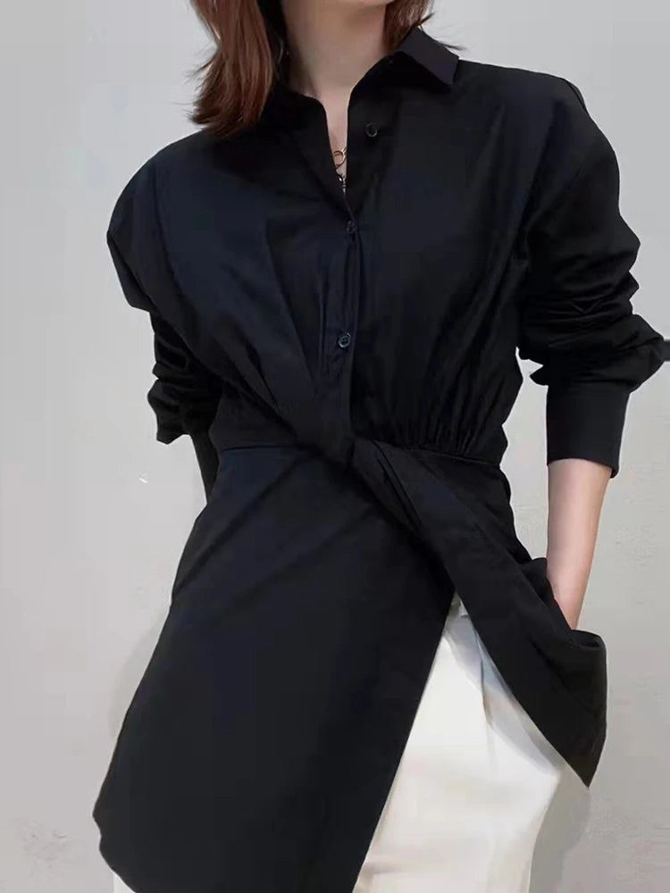 Solid Lapel Shirt For Women Long Sleeve Patchwork Single Breasted Temperament Blouse Female Autumn Fashion