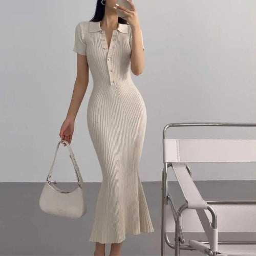 Load image into Gallery viewer, Korean Version Summer Solid Elegant Office Lady Button Knitted Long Dress Women's Slim Short Sleeve Wrapped Hip Fishtail Dresses
