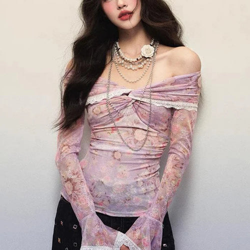 Load image into Gallery viewer, Sexy Lace Patchwork Slash Neck Gauze Tshirts Women Y2k Aesthetic Bottoming Grunge Tops Harajuku Vintage Fairy Print Pleated Tees
