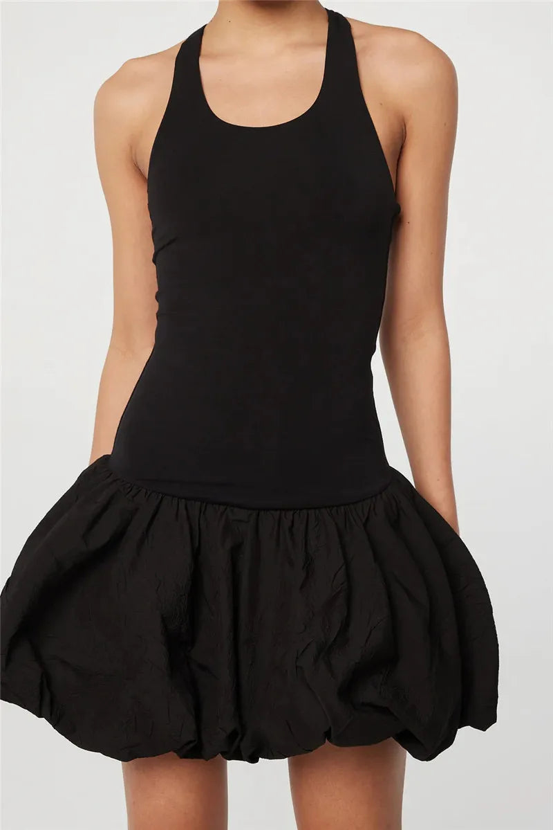 Black Sleeveless Puffy Dress For Women Fashion Round Neck High Waist Backless A-line Loose Sexy Dress Clothes