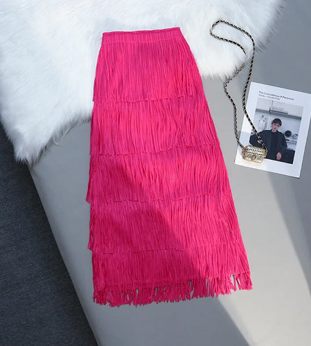 Five-layer Fringed Cake Skirt Women All-match Slim Elastic Waist Design Straight Tube Skirt Tassel Hem Solid Midi Skirts Female