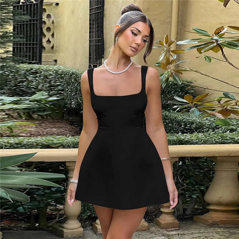 Satin Square Collar Backless Sexy Mini Dress For Women Solid Color Sleeveless A-line Bodycon Club Party Dress Elegant