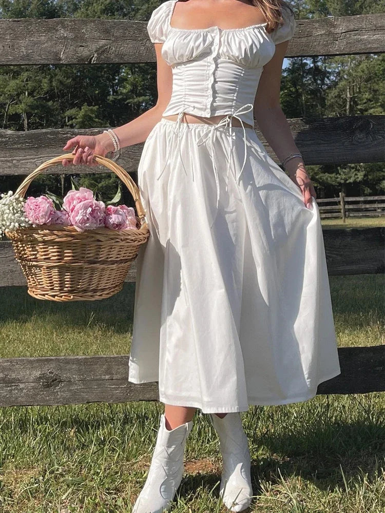 White Cropped Corset Tops Cotton Sexy Short Puff Sleeve T-Shirts Blouse Womens Clothing 2023 Drawstring Tees