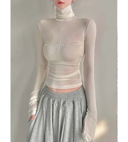 White Woman T Shirts 2024 Ropa Mujer Turtleneck Long Sleeve Tees Y2k Tops Chic Diamond Tshirts Y2k Tops Casual Tunic Camisetas