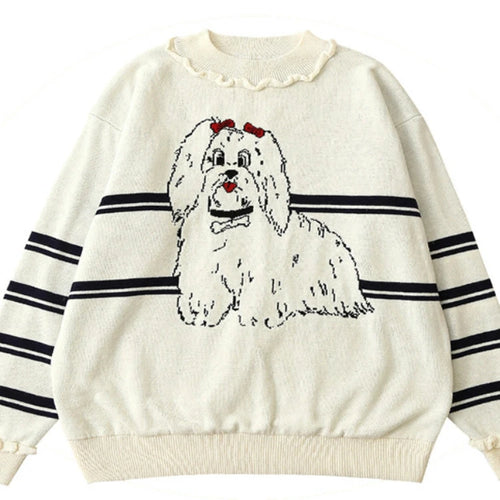 Load image into Gallery viewer, Women Cartoon Dog Embroidery Knitted Sweaters And Pullovers Ruffles Patchwork Girls Knit Jumpe Sweater Jacquard
