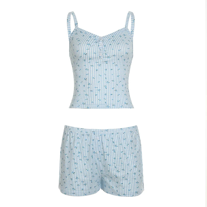 Cutecore Floral Printed Slimming Summer Two Pieces Sets Women's Mini With Buttons Camis +Shorts Casual Homewear Suits