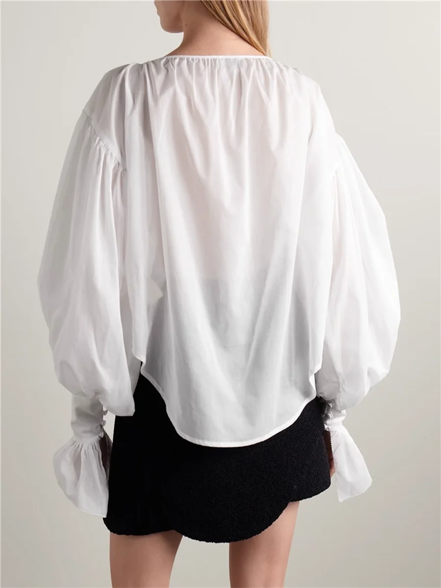 Solid Spliced Fungus Folds Elegant Blouses for Women V Neck Long Sleeves Temperament Blouse Female Fashion Clothing