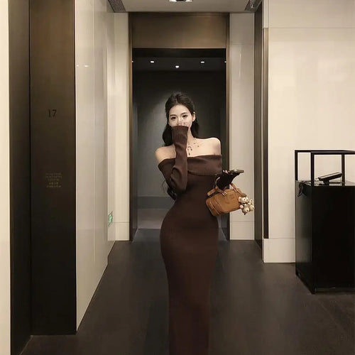 Load image into Gallery viewer, Retro Solid Sexy Club Long Sleeve Off Shoulder Knitted Dress Autumn French Style Chic Slim Long Sleeves Elegant Wrap Hip Dresses
