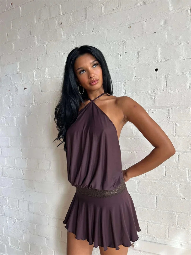 Halter Backless Sexy Mini Dress Women Robe Fashion Summer New Lace Patchwork Sleeveless Pleated Ruffled Club Dress