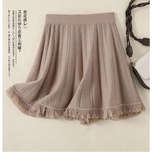 Load image into Gallery viewer, Korean Fashion Autumn Winter Women Solid Tassels Holiday Knitted Short Skirt Vintage High Waist A-line Pleated Half Skirts 2024

