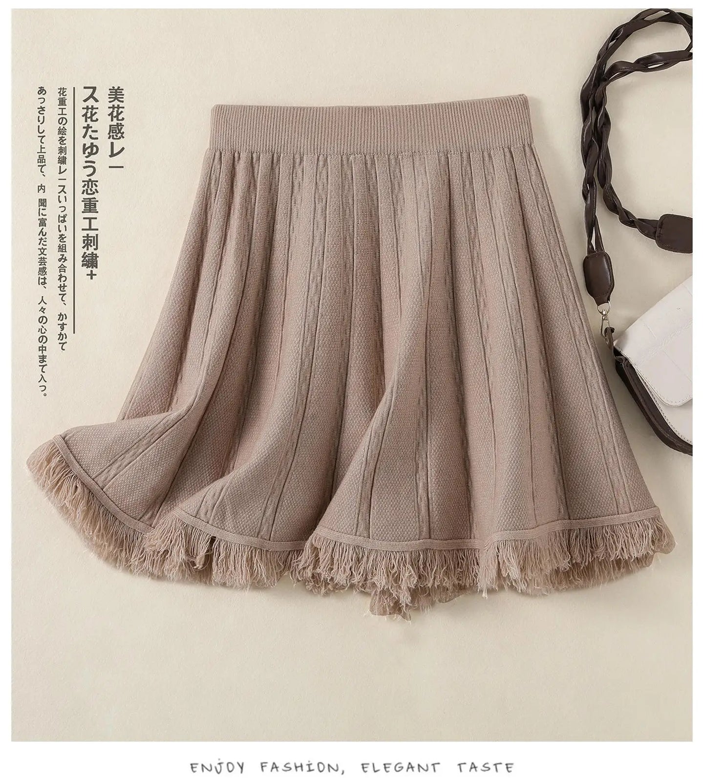Korean Fashion Autumn Winter Women Solid Tassels Holiday Knitted Short Skirt Vintage High Waist A-line Pleated Half Skirts 2024