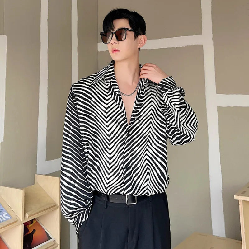 Men's Stripe Shirts New Summer Personalized Trendy Lapel Print Style Korean Male Long Sleeve Casual Shirt Tide 9A7867