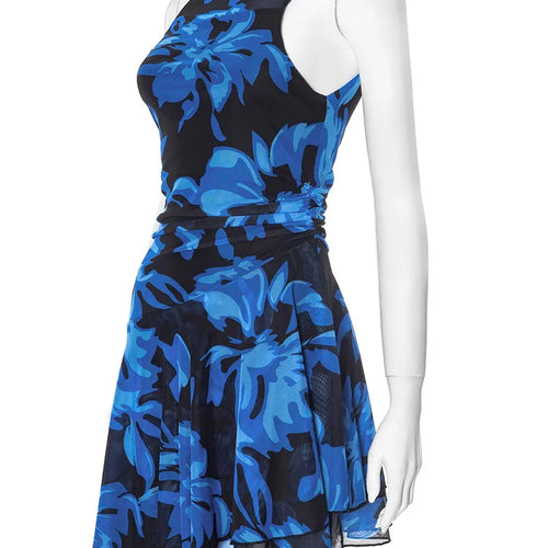 Load image into Gallery viewer, Blue Print Ruffled Sexy Mini Dress For Women Robe Irregular Oblique Shoulder Sleeveless Backless Club Party Dress Beach
