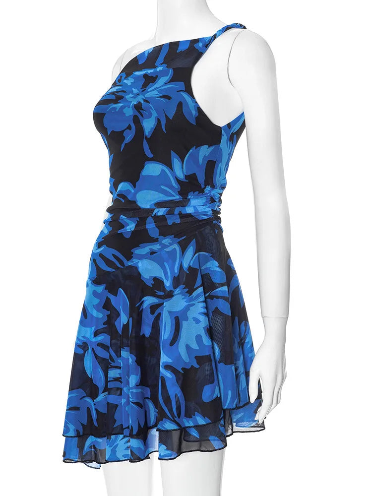 Blue Print Ruffled Sexy Mini Dress For Women Robe Irregular Oblique Shoulder Sleeveless Backless Club Party Dress Beach