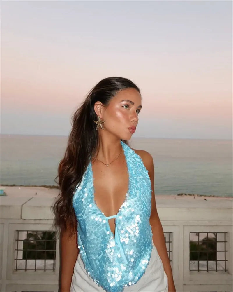 Halter Deep V Neck Sexy Crop Tops Women Sequins Beach Club Tank Tops Female Summer New Holiday Party Cropped Tops